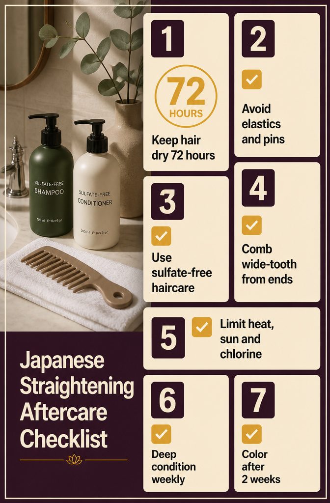 Aftercare checklist graphic for Japanese straightened hair