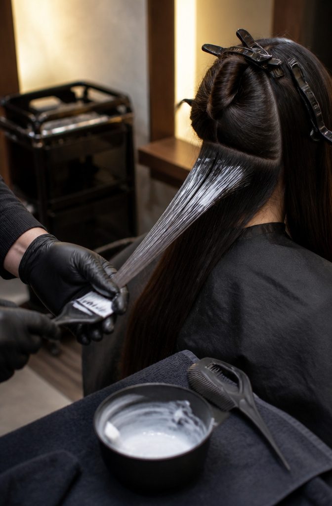 Stylist spreading activator cream through a thin section of hair