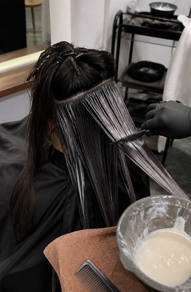 Neutralizer cream spread over straightened hair in sections