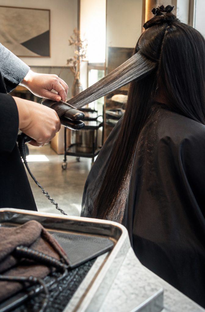 Flat iron and treatment brush working through nearly dry hair