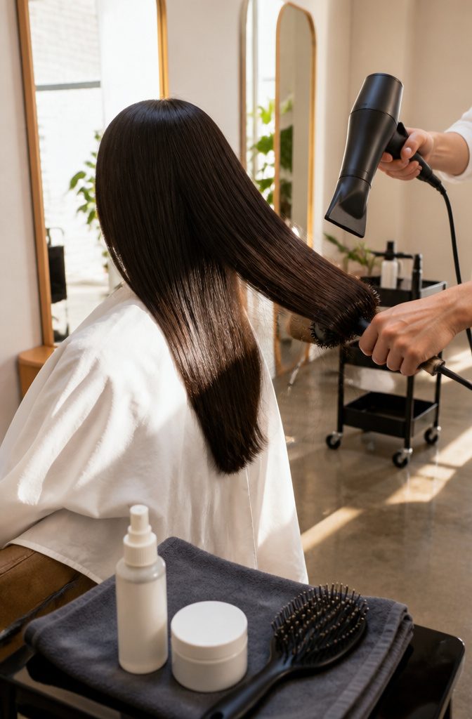 Hair dryer and round brush smoothing a section of glossy hair