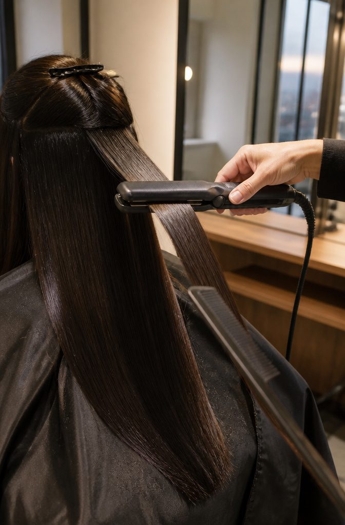 Stylist using a flat iron on a bent section of hair