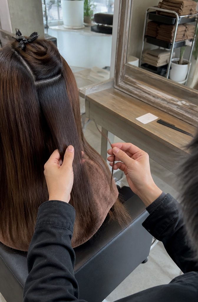 Stylist inspecting hair beside a hanging strand test