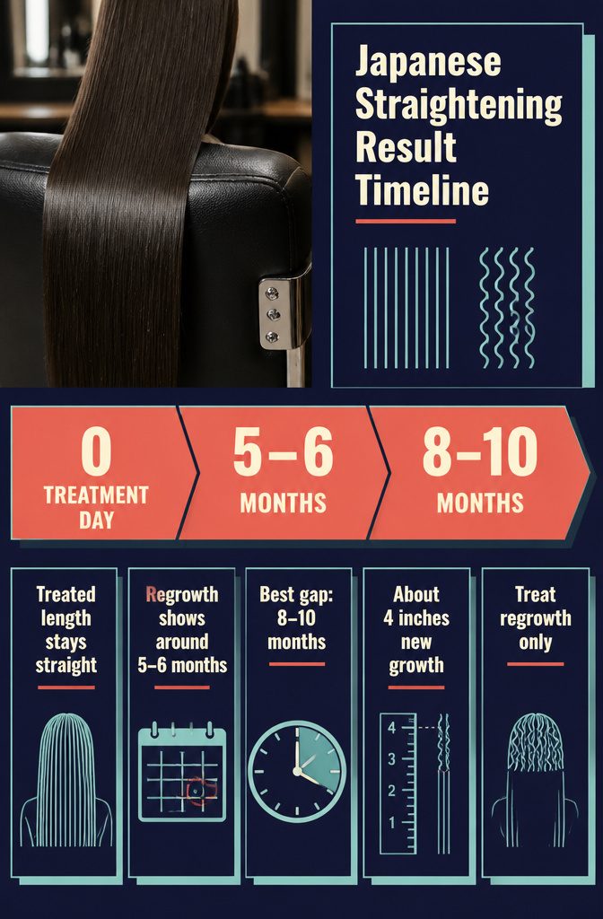 Timeline graphic showing stages of Japanese straightening results