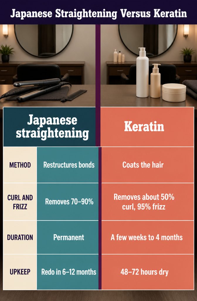 Comparison graphic listing differences between Japanese straightening and keratin