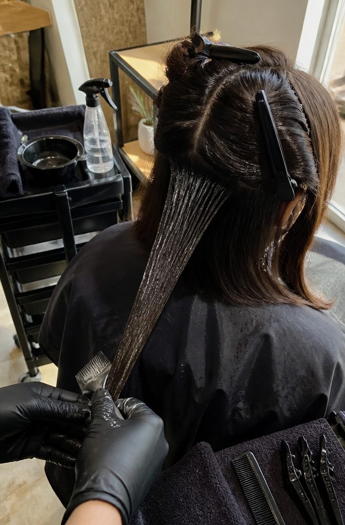 Sectioned hair with heat-resistant gel applied to one narrow lock