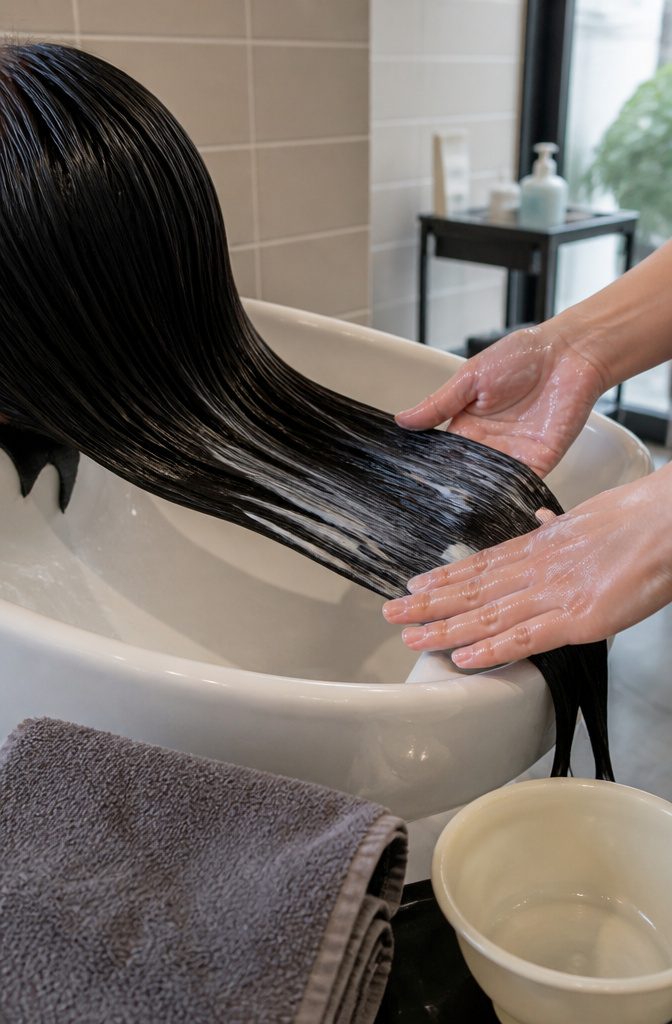 Stylist applying pale conditioner to wet hair above a basin