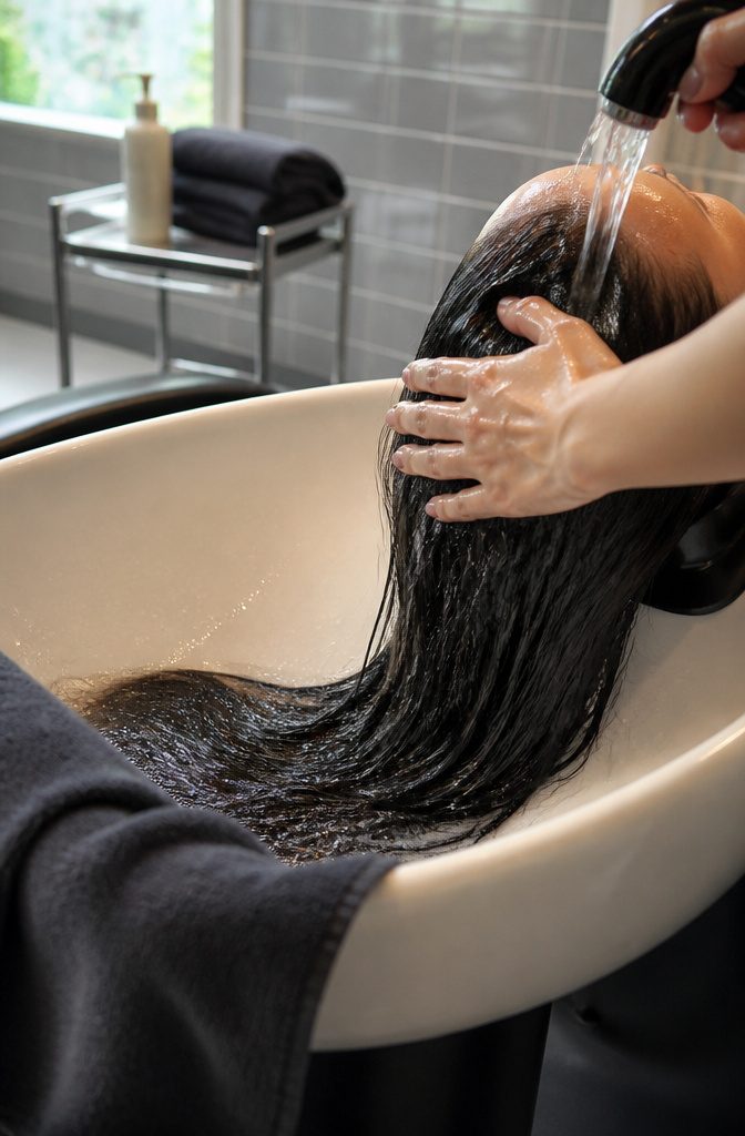 Stylist washing a client’s hair over a salon basin