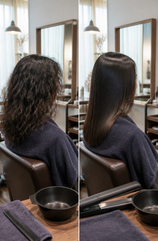 Stylist pressing a flat iron over a section of hair