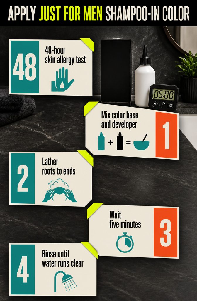 Beauty information graphic about applying Just For Men Shampoo-in Color