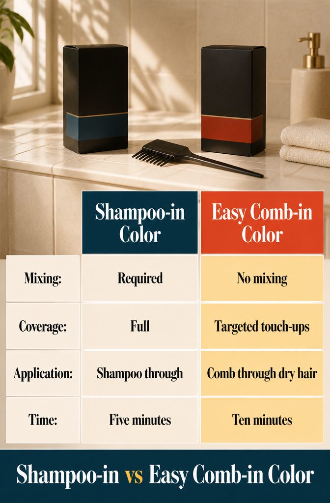 Beauty information graphic comparing shampoo-in and easy comb-in hair color