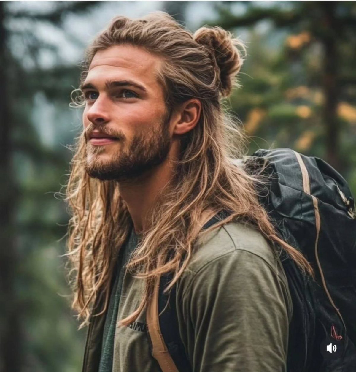 Man with long light brown hair in a half-up bun and a beard.