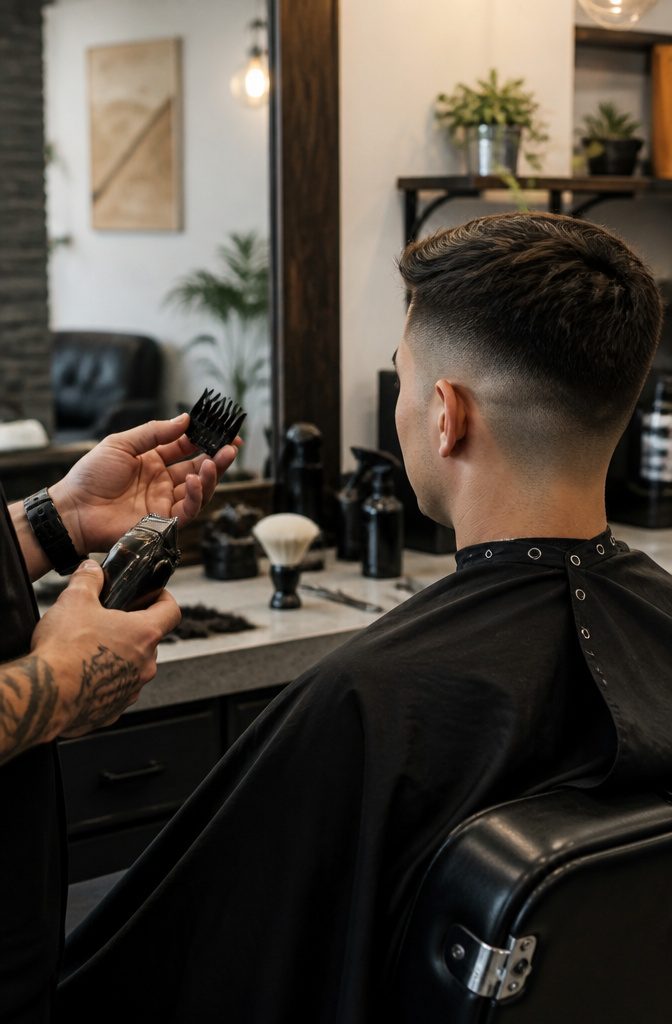 Low drop fade with short guarded hair visible beneath the curve