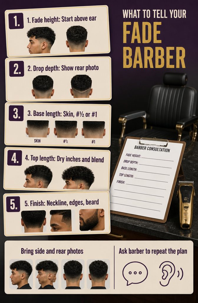 Barber discussing a fade with a client beside a reference image