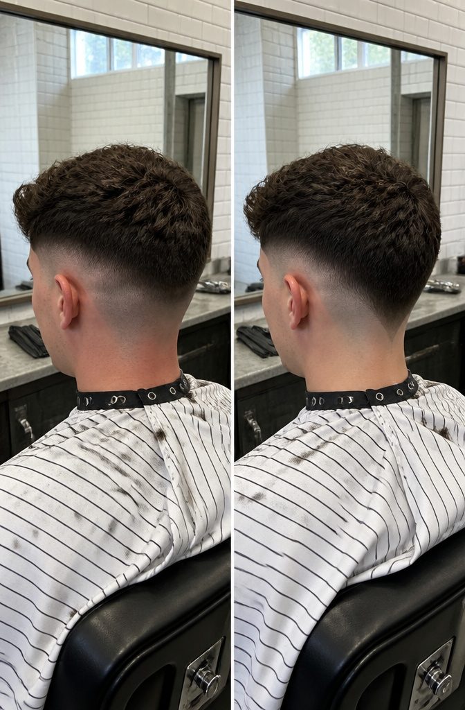 Low drop fade showing a curved blend behind the ear and toward the neck