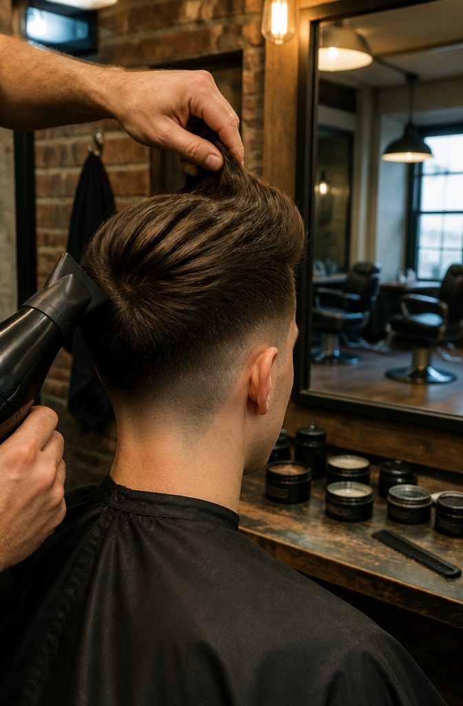 Barber using a dryer on a quiff with a low drop fade