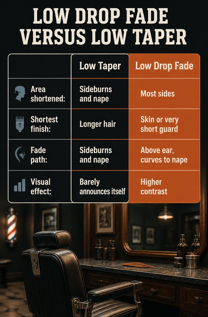 Low drop fade beside a low taper with different lengths around the ear