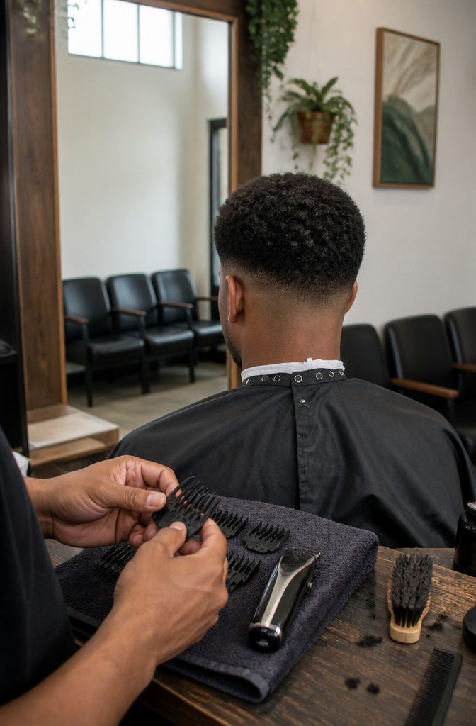Coarse curly hair with a guarded fade base around the neck and ear