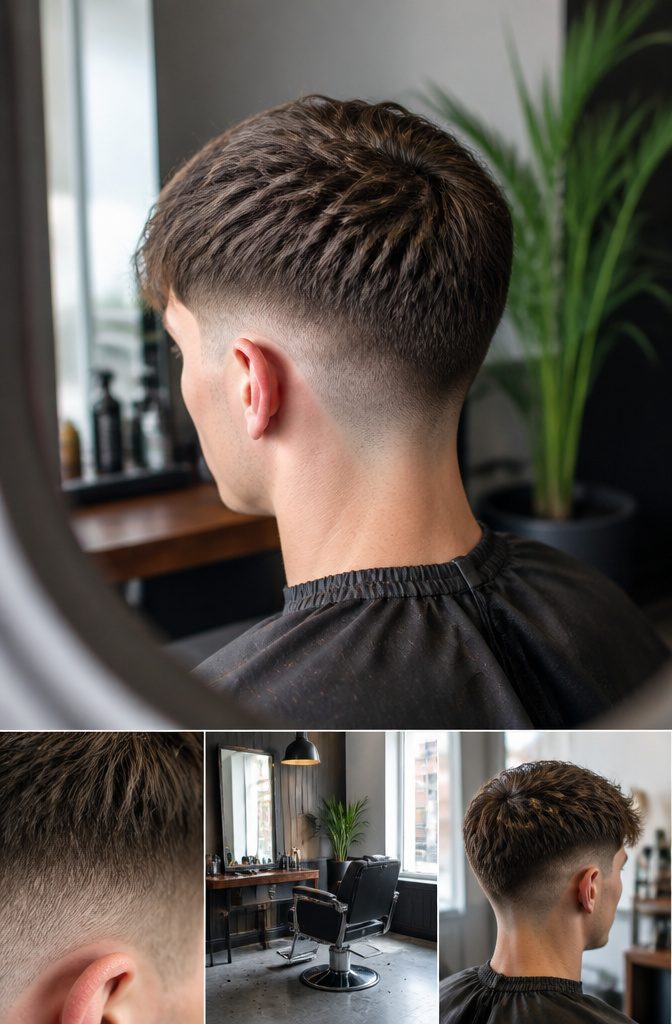Low drop fade with a styled top showing texture and volume