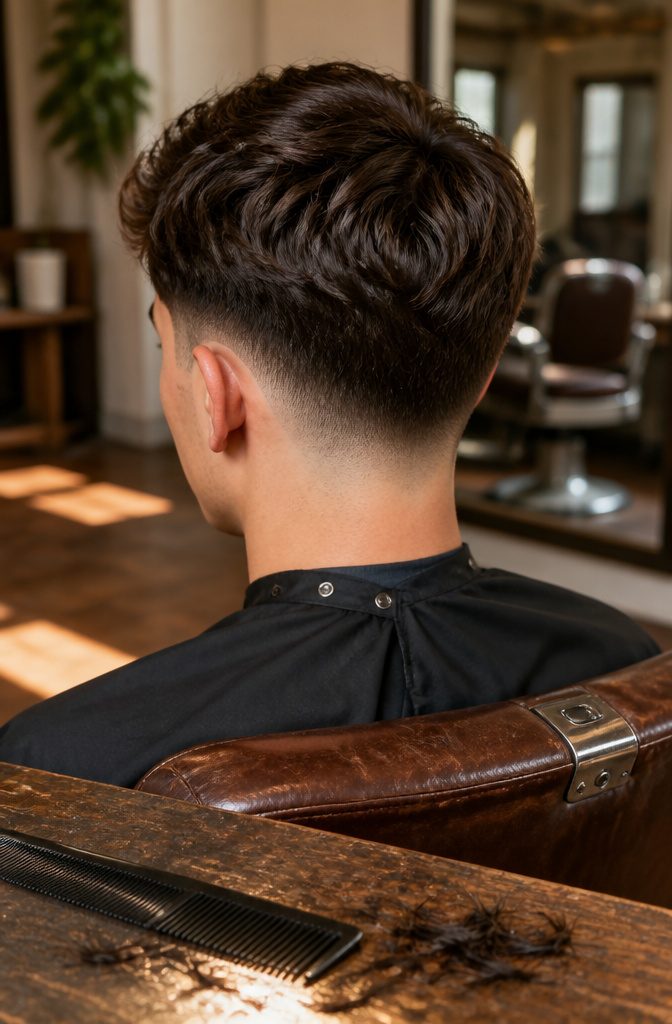 Low drop fade with short sides and a curved line behind the ear