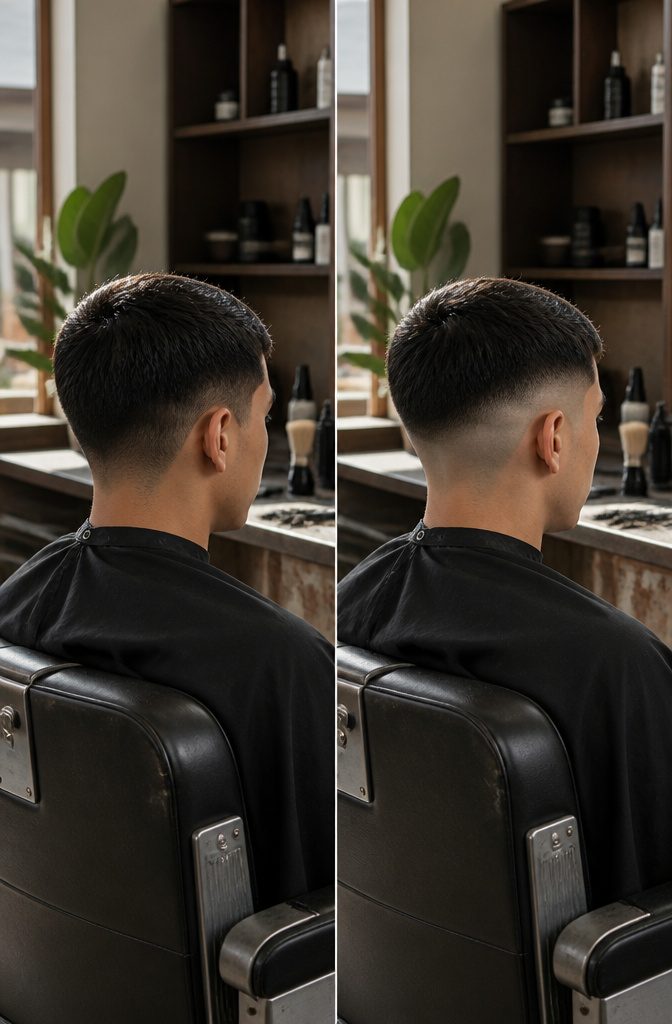 Low drop fade with a short top and a subtle curved transition