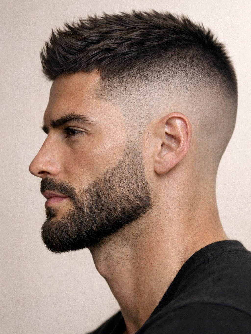 Man with a low skin fade haircut and a groomed full beard.