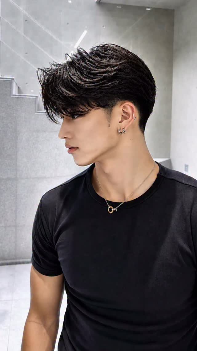Man with a dark comma hairstyle and low taper fade wearing a black shirt.
