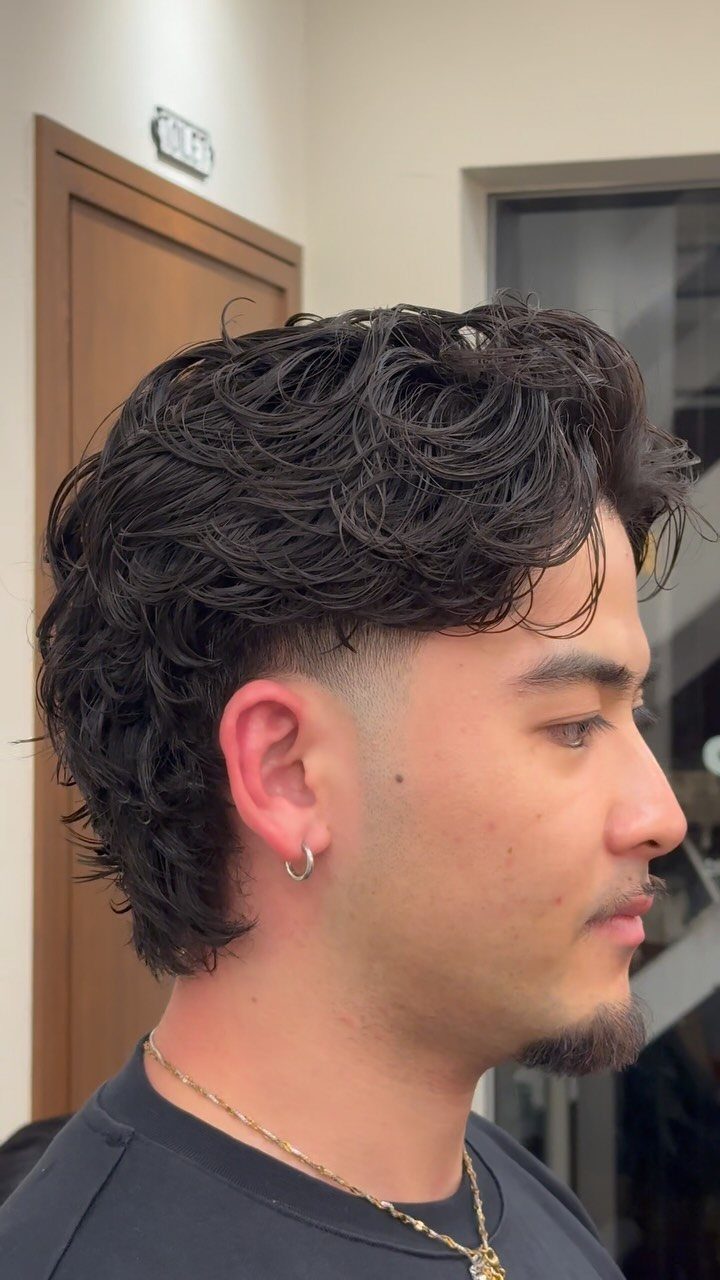 Man with a layered mullet haircut featuring wavy dark hair and a goatee.