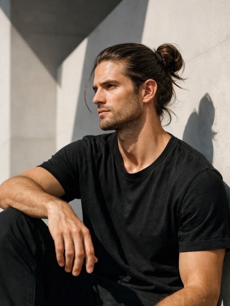 Man with brown hair tied in a man bun wearing a black t-shirt.