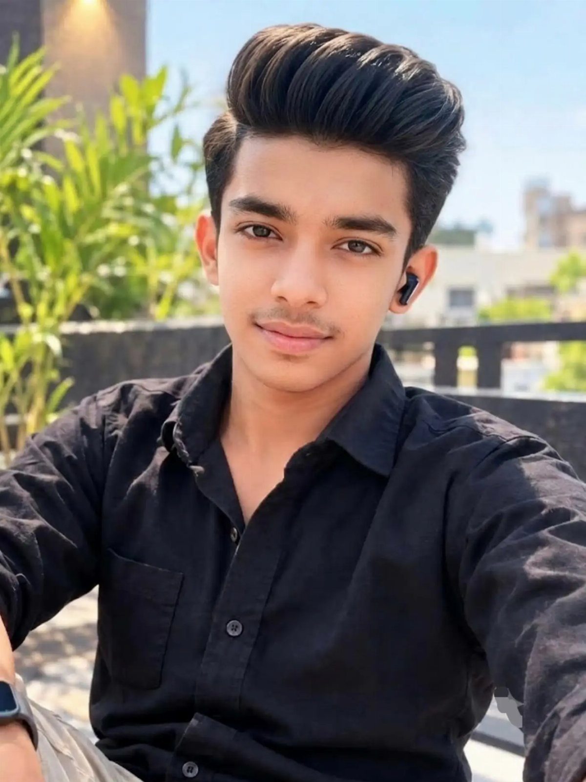 Young man with a high-volume dark pompadour haircut wearing a black shirt.