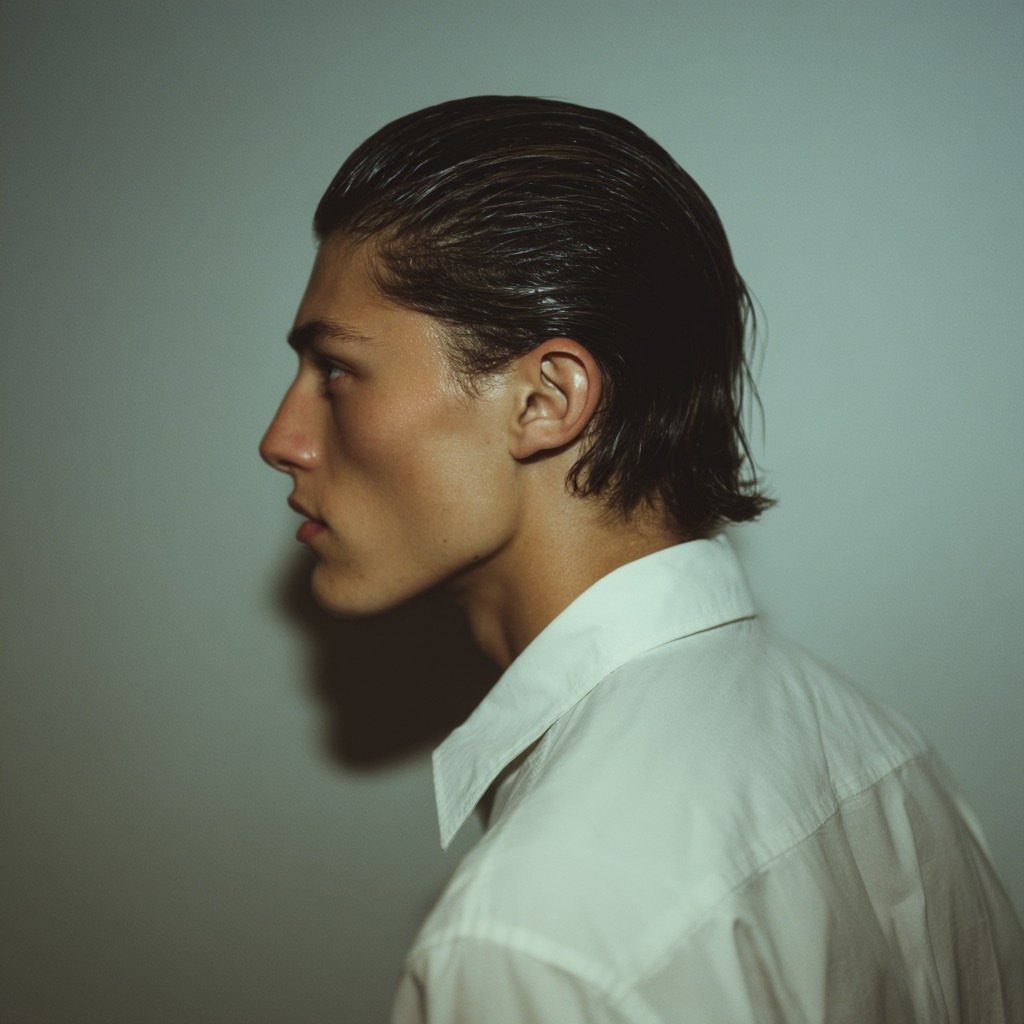 Young man in profile with dark medium-length hair slicked back and a white shirt.
