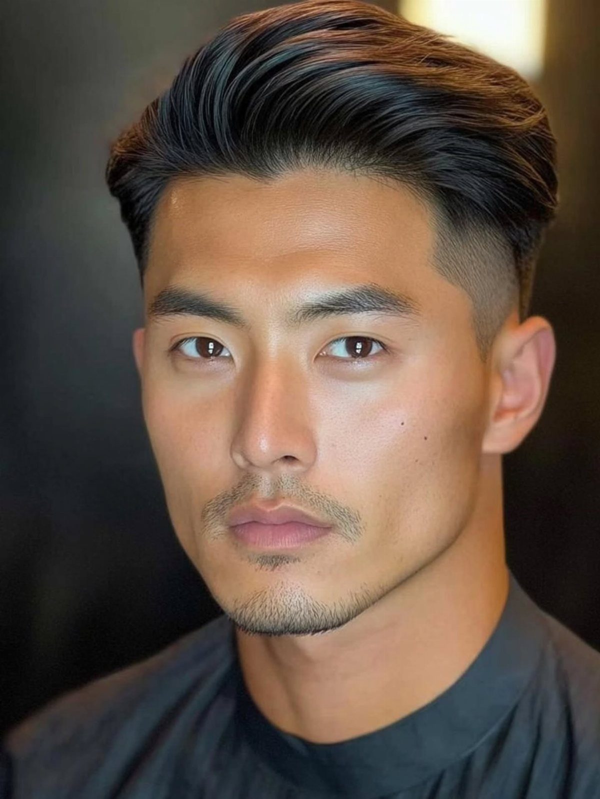 Man with a slicked-back undercut hairstyle and light facial hair posing for a portrait.