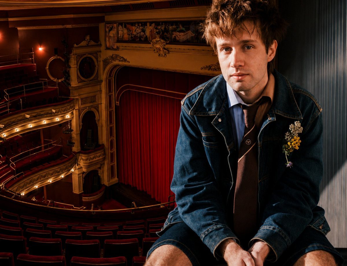 Young man with tousled brown hair sitting in a classic red theater.