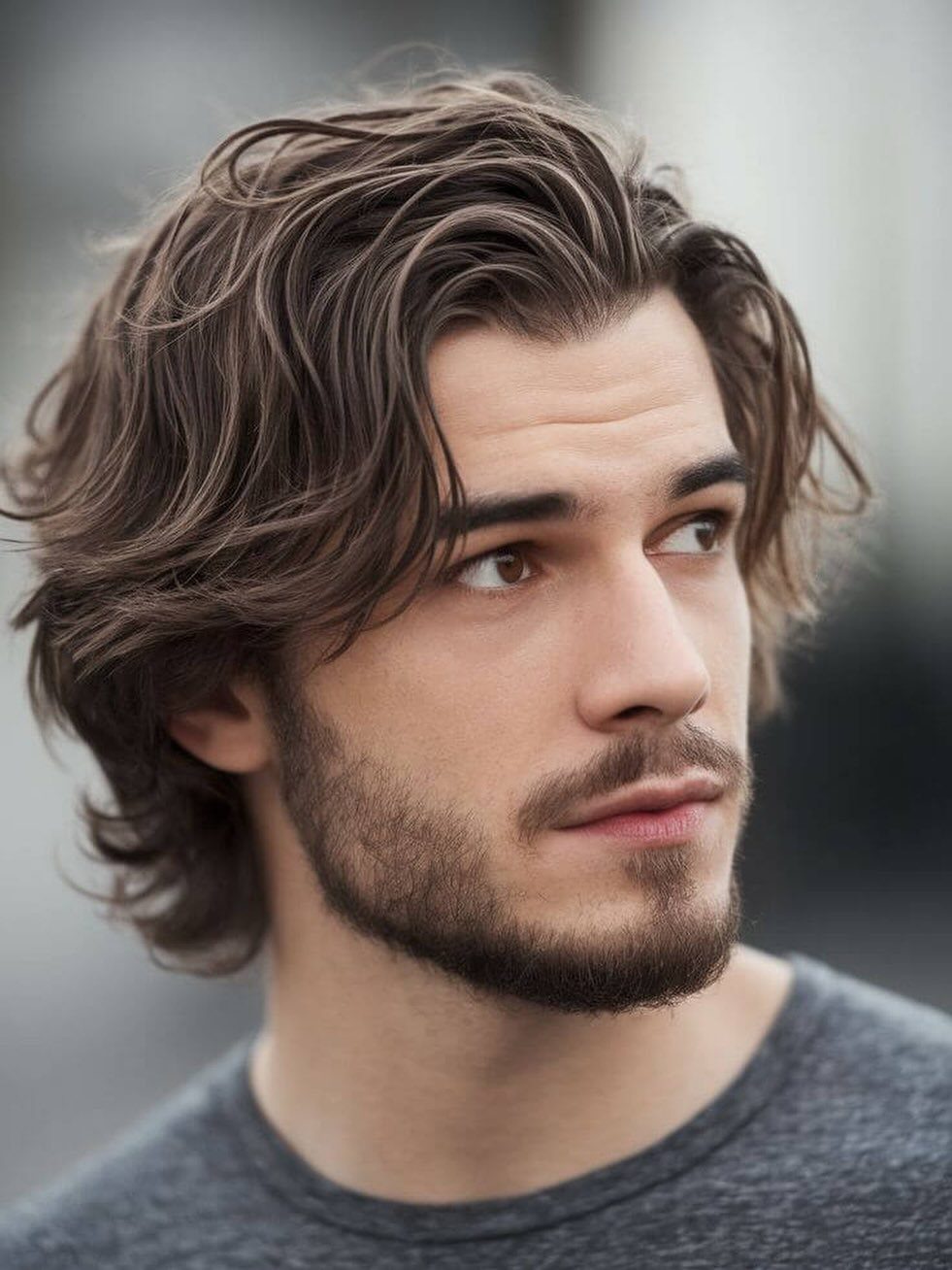 Man with medium length wavy brown hair and a groomed beard looking aside.