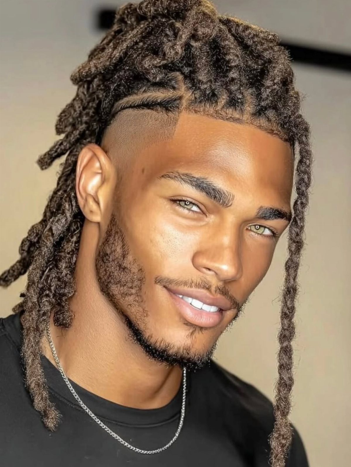 Man with medium length brown dreadlocks and a faded undercut side profile.