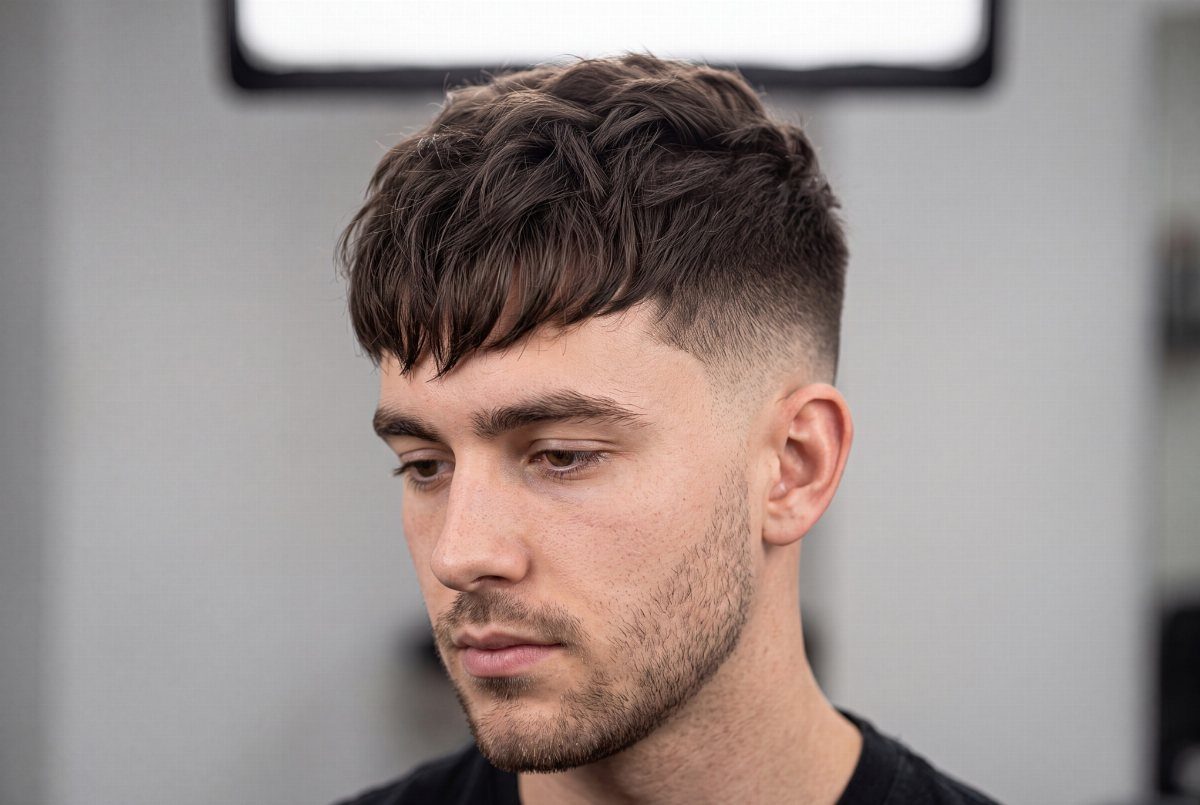 Man with a French crop haircut featuring textured top and short faded sides.