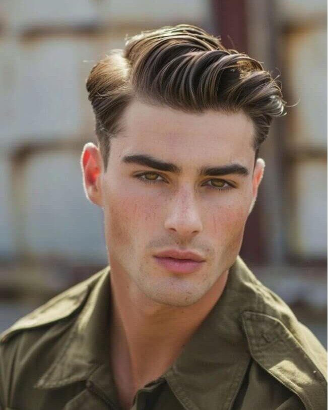 Man with brown hair styled in a textured quiff wearing olive green shirt.