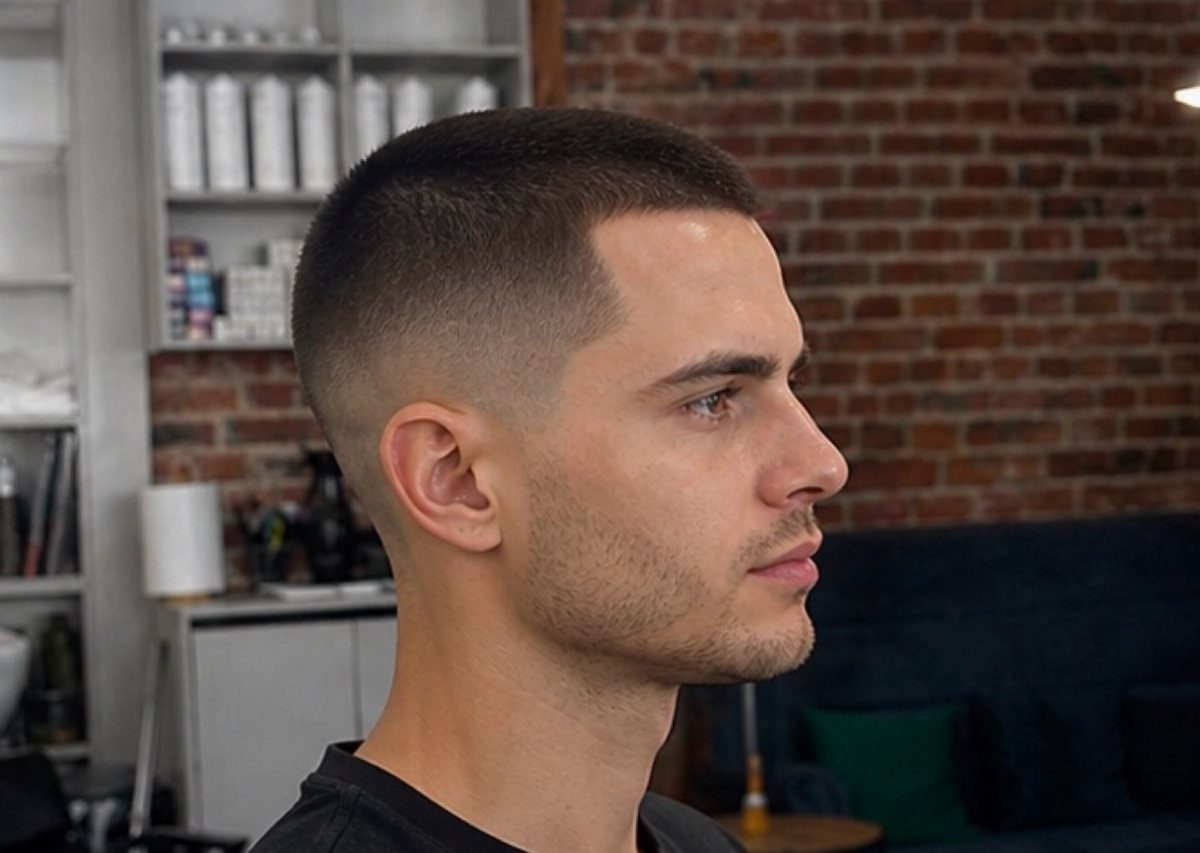 Man with a buzz cut fade haircut posing in a barbershop setting.