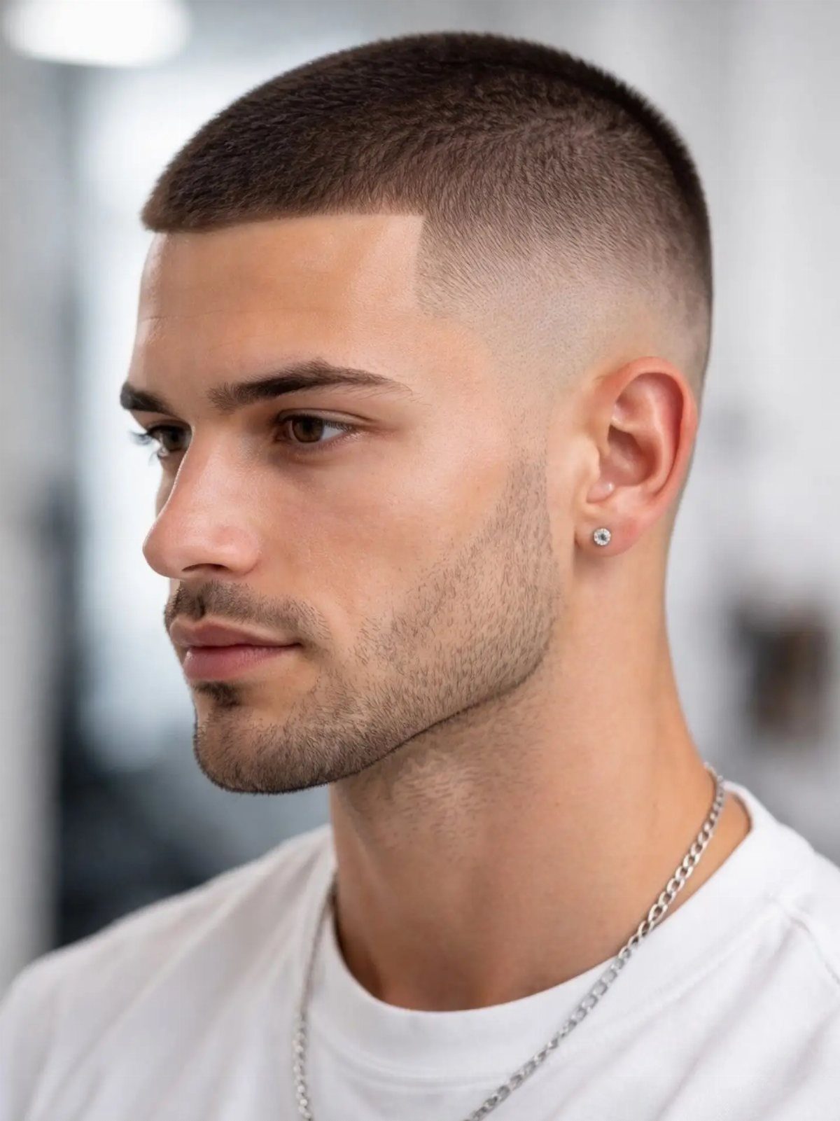 Man with a buzz cut and sharp line-up featuring a high skin fade.