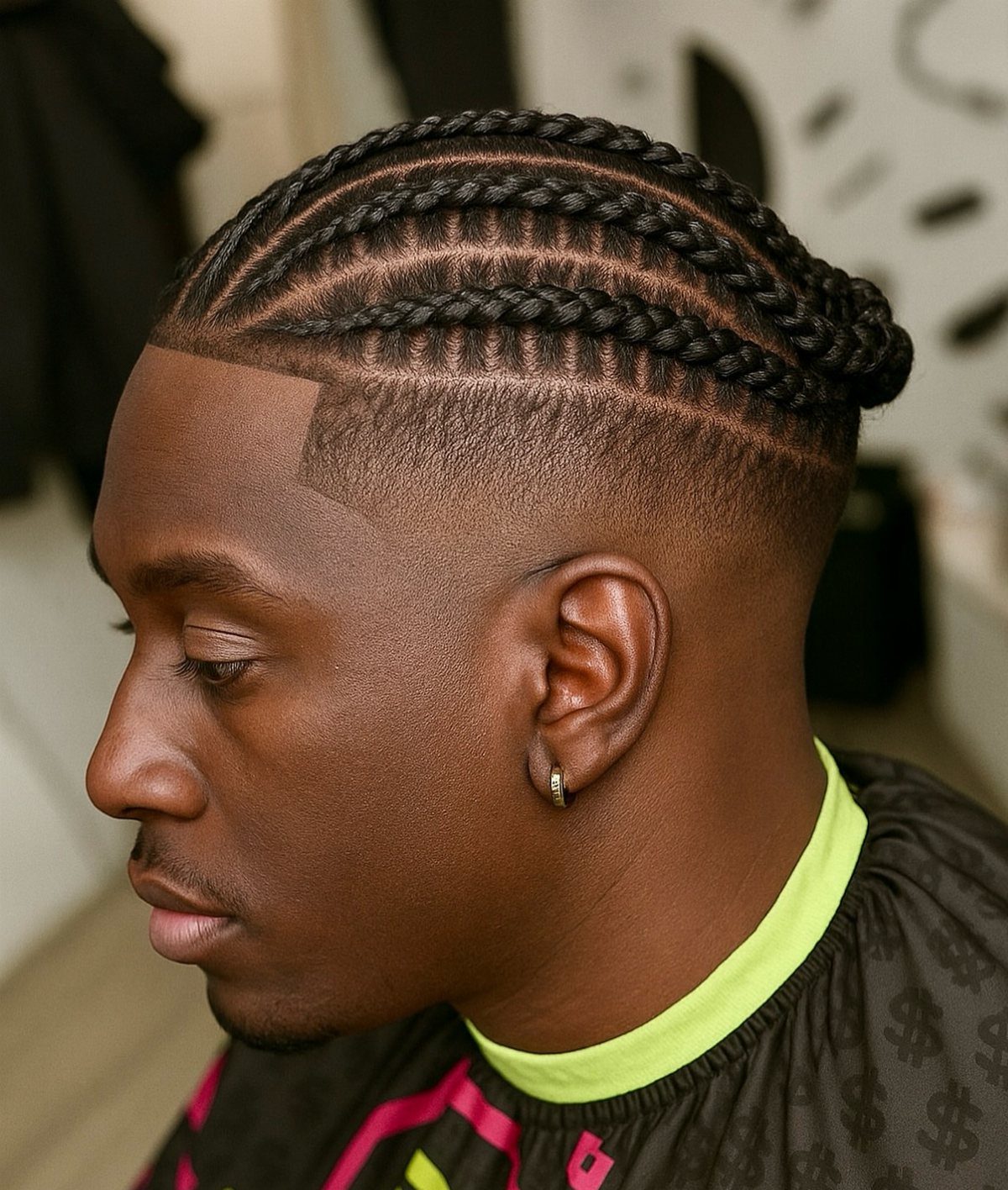 Black man with cornrows braided flat to the scalp and a clean skin fade.