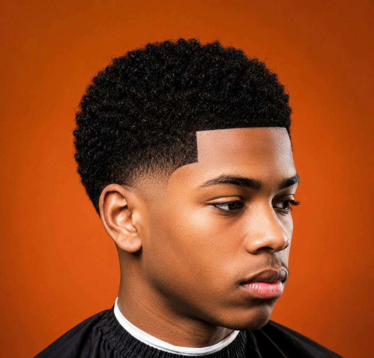 Young Black man with a short textured afro and a clean line-up haircut.