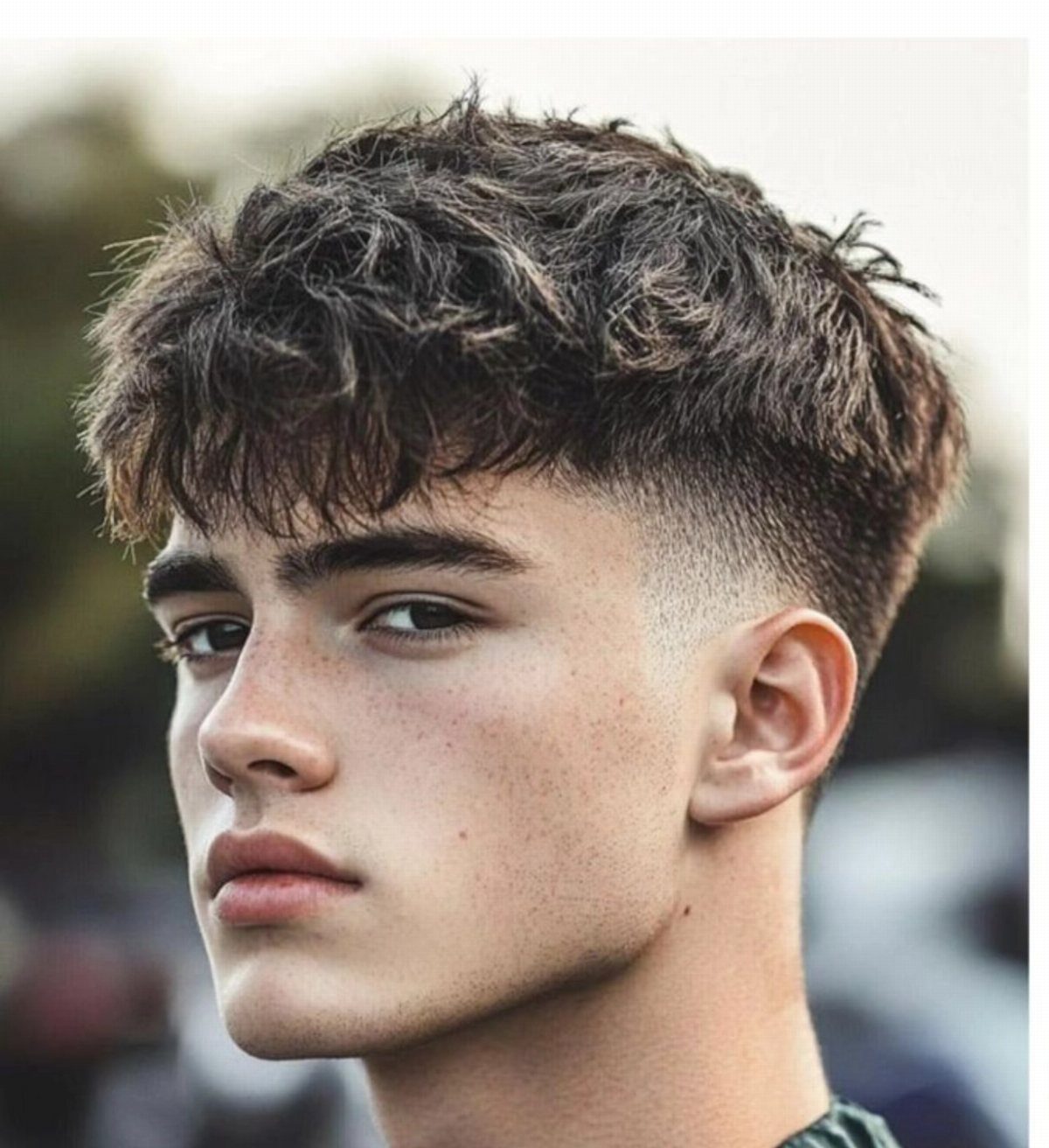 Young man with a textured crop haircut and high skin fade on sides