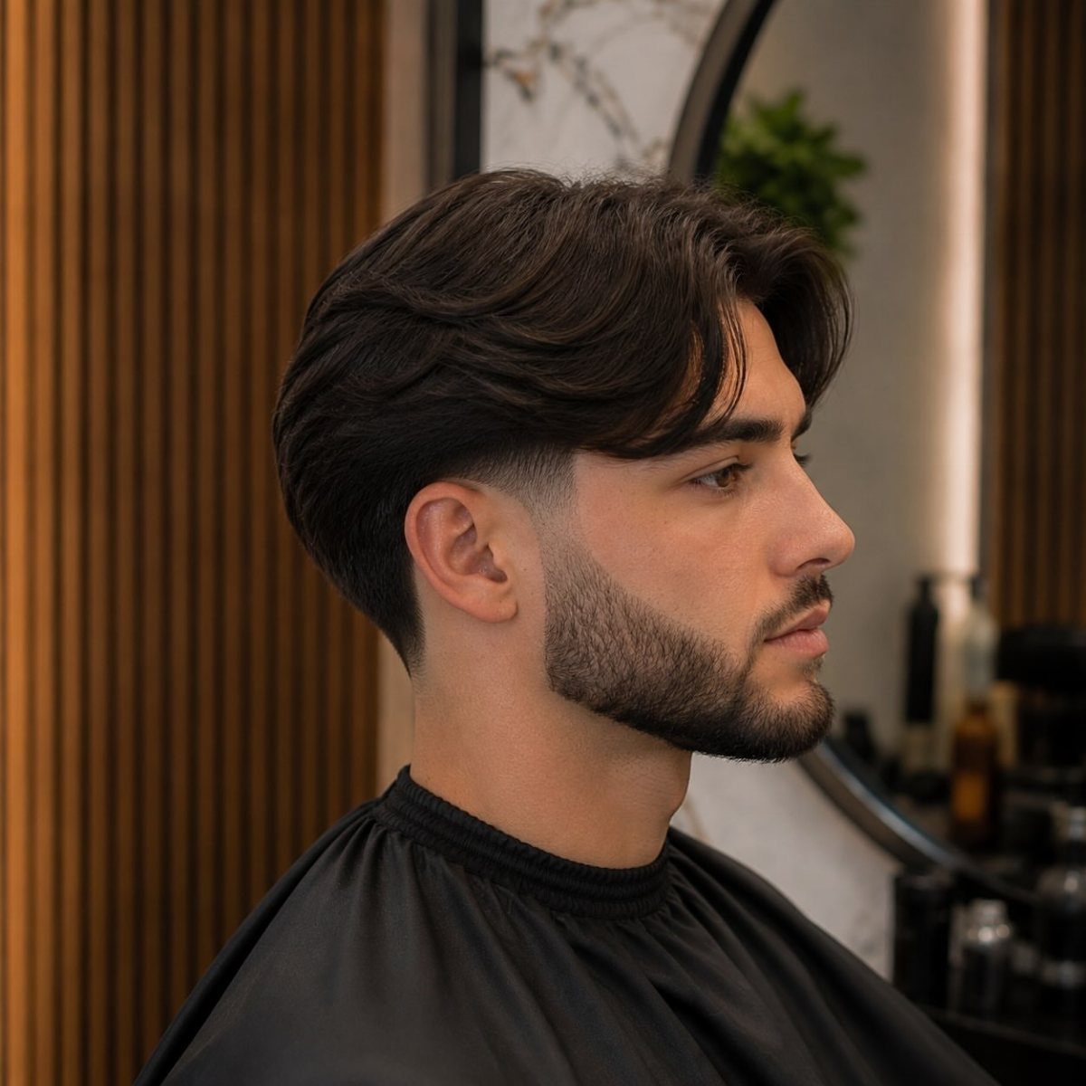 Man with dark hair featuring a temple fade and a groomed beard.