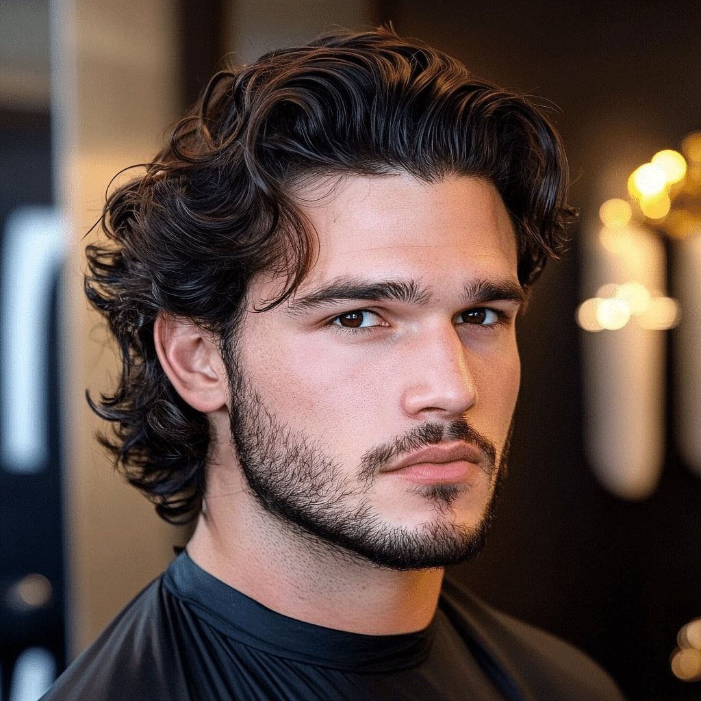 Man with medium-length wavy brown hair and a beard wearing a black cape.
