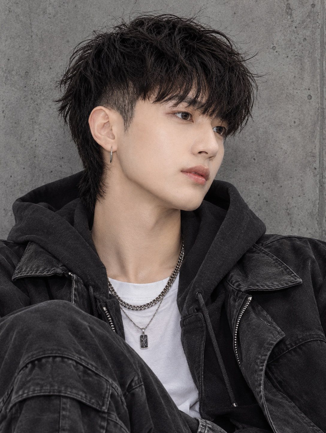 Young man with a black wolf cut hairstyle and shaggy layers against grey wall.