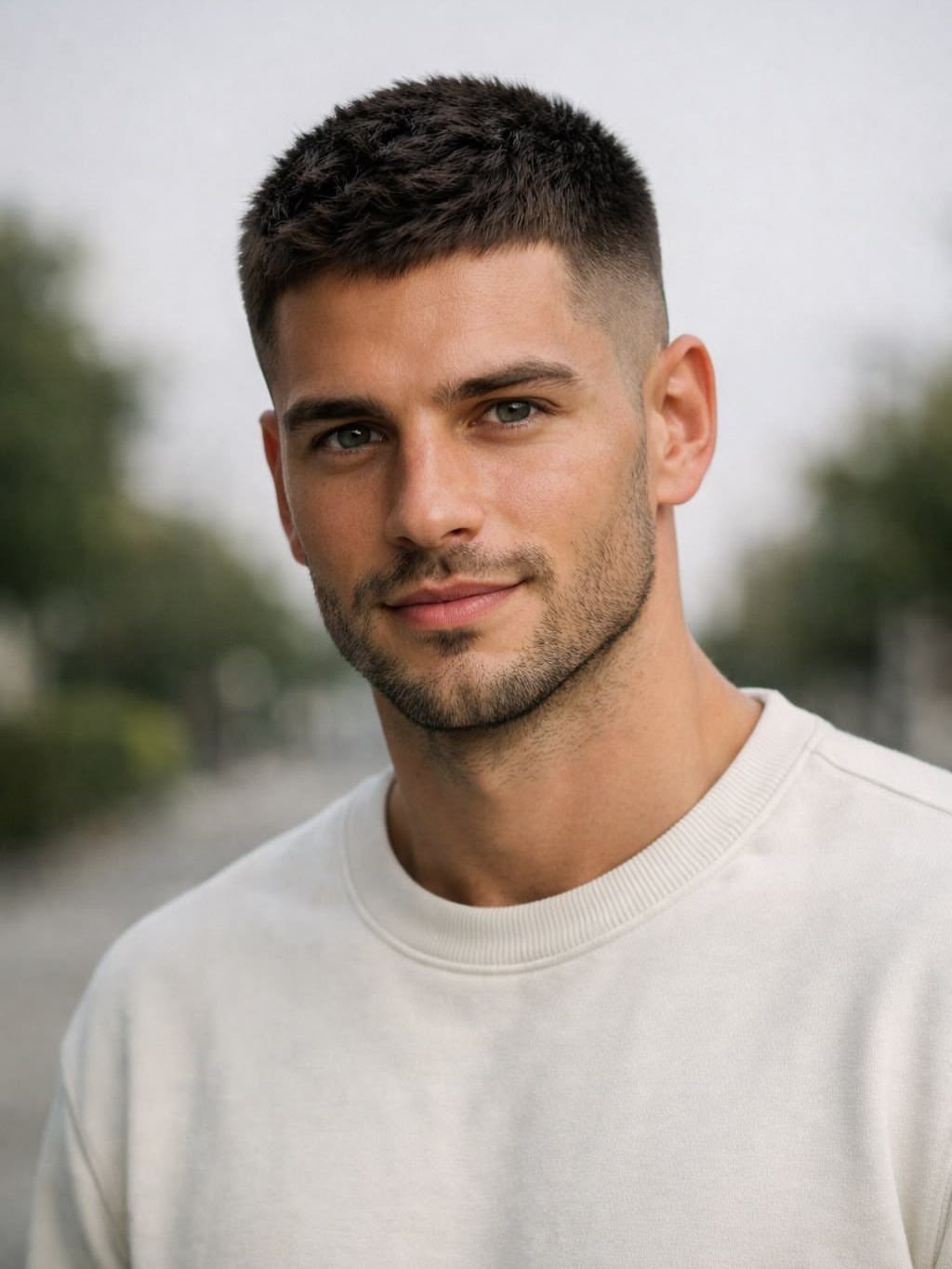 Man with a neat short haircut and stubble wearing a white sweatshirt.