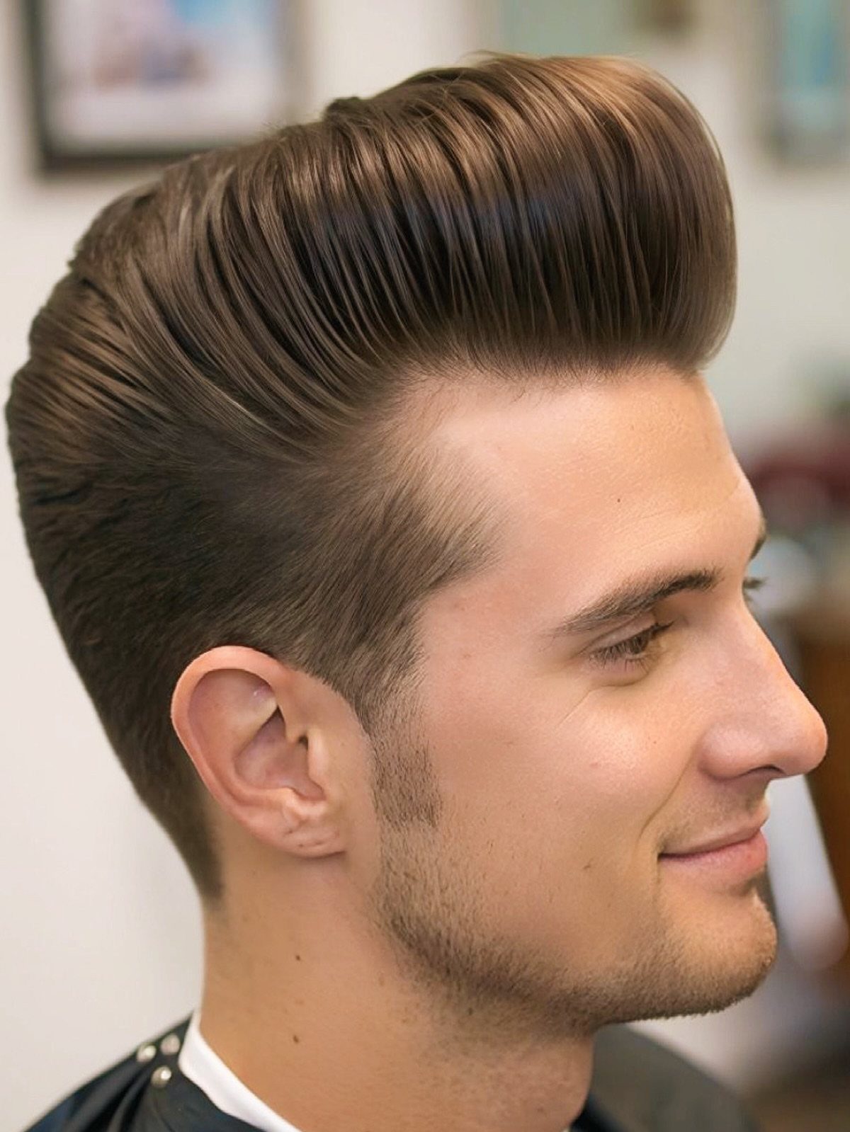 Man with a high volume brown pompadour haircut and short sides.