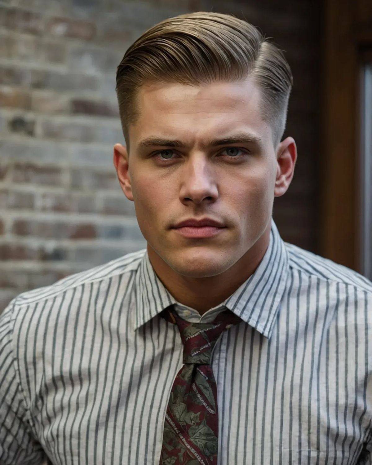 Man with a neat side part haircut wearing a striped shirt and tie.