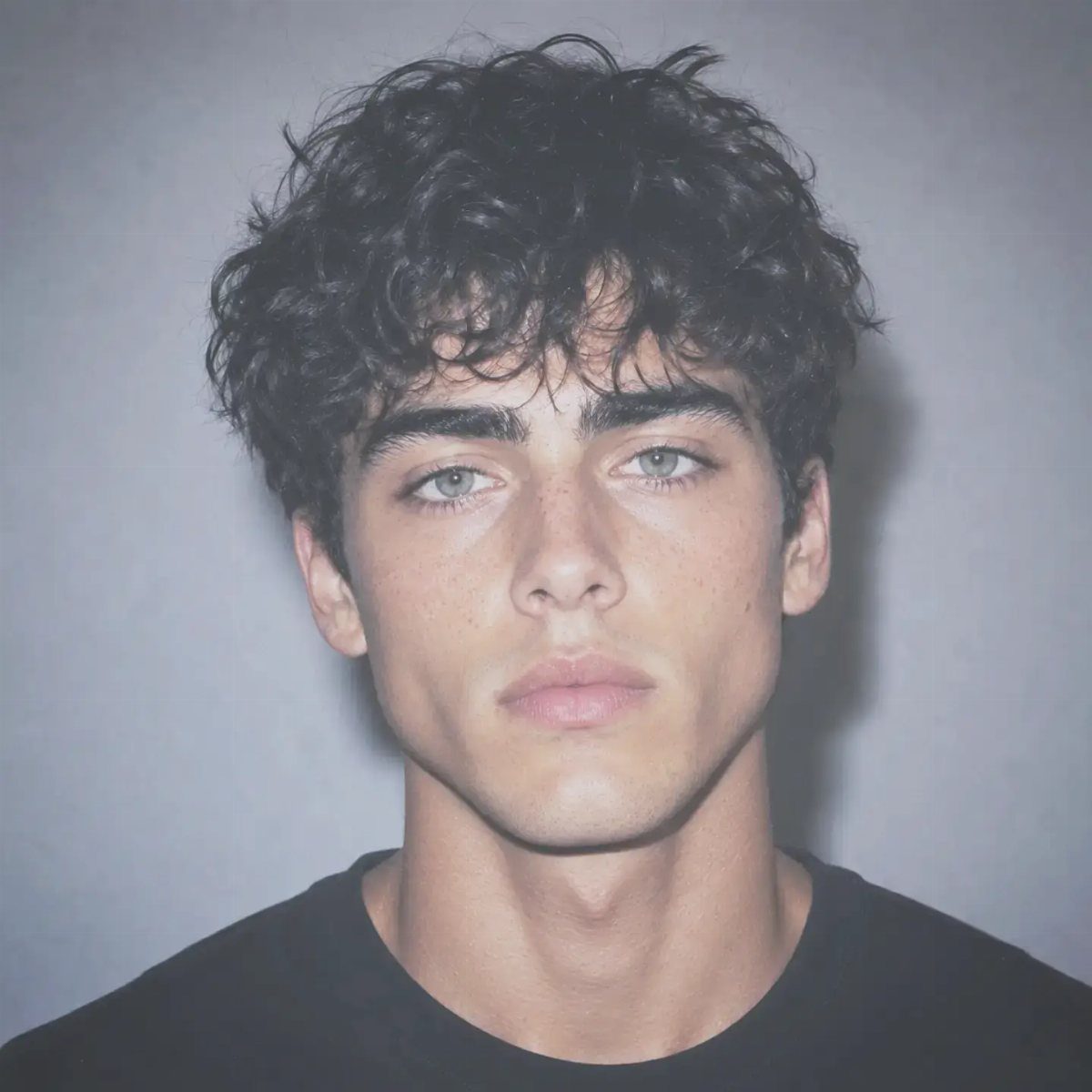 Young man with curly dark hair styled as a textured fringe over his forehead