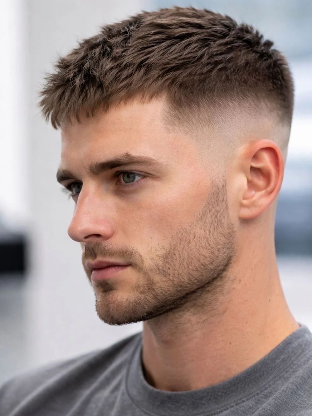 Man with a French crop haircut featuring a high skin fade and textured top.